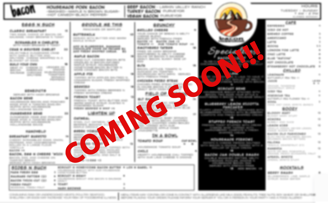 Our menu preview — bacon, eggs, pancakes, waffles, plus specialties like Dungeness Crab Benedict